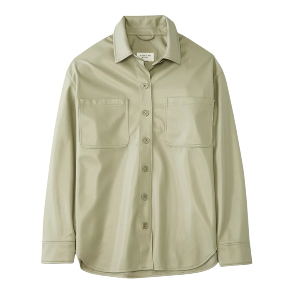 American Eagle Olive Green Faux Leather Button Down Shacket Size L NWT